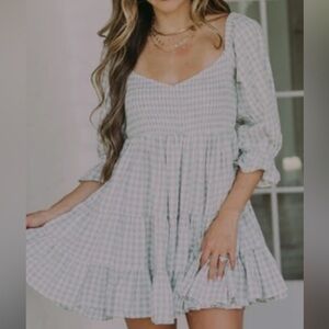 light blue gingham print babydoll dress - these three boutique. NWOT.